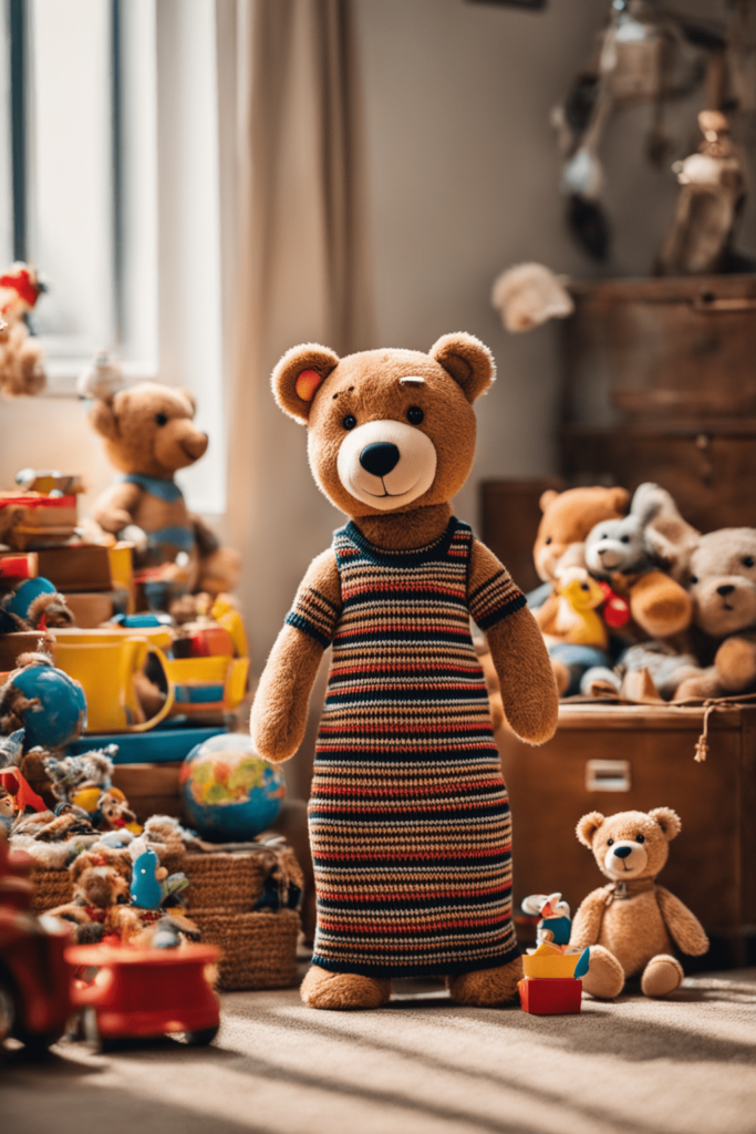 a teddy bear wearing (ohwx slim knitted long dress with striped print), the barckground is a house with toys, toy story style, pixar character, funny face, children content