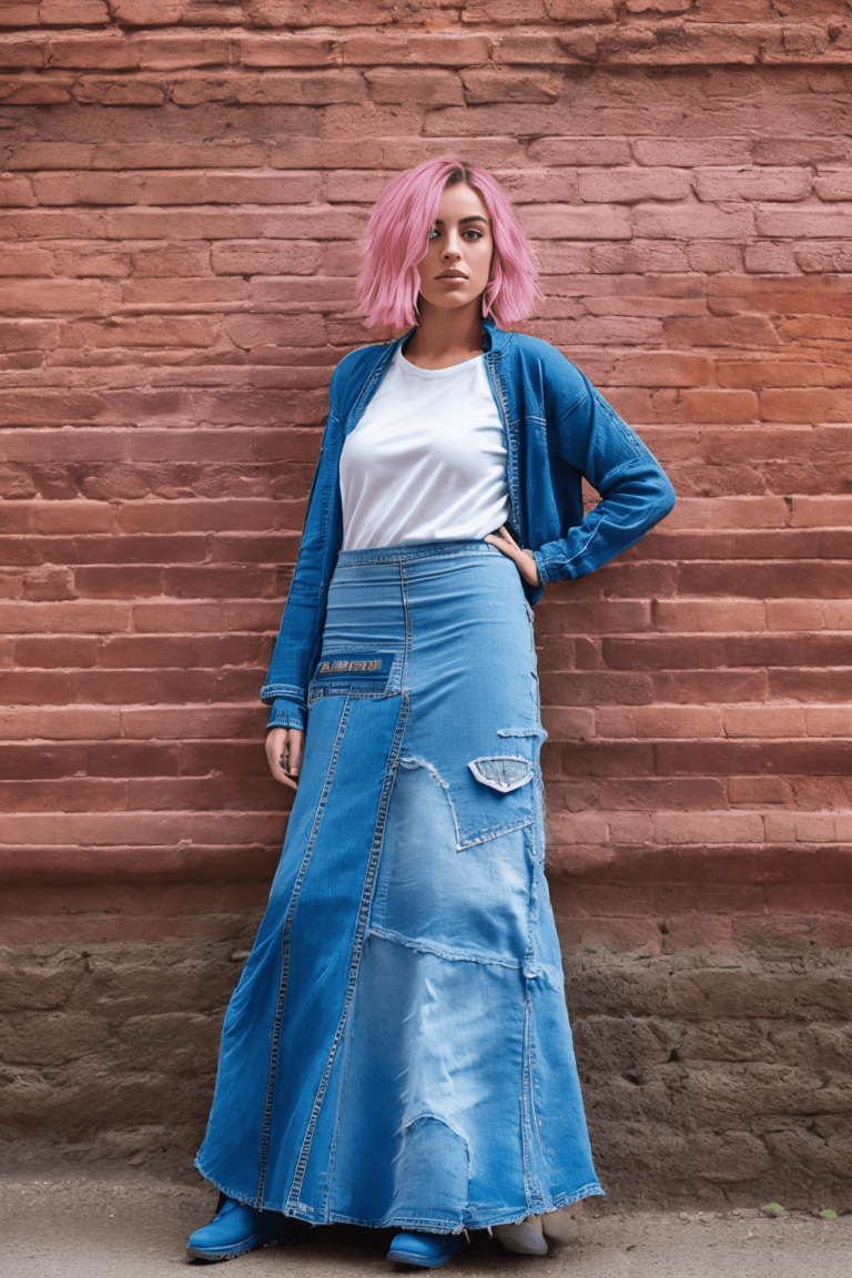 full shot of ohwx blue denim long skirt, ((streetstyle look)), alternative style, city brackground on the suburbs, she is (in front of a brick wall), cloudy day, natural lighting, blur effecte, hyperdetailed, hyperrealistic, instant polariod camera
