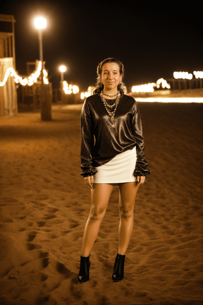 professional photo, photo of exotic woman, wearing ((ohwx model marta)),, serious face, split light, sand environment, gloomy, cloudy weather, bokeh, fashion shoot,((((cinematic look)))), night lighting, formal event