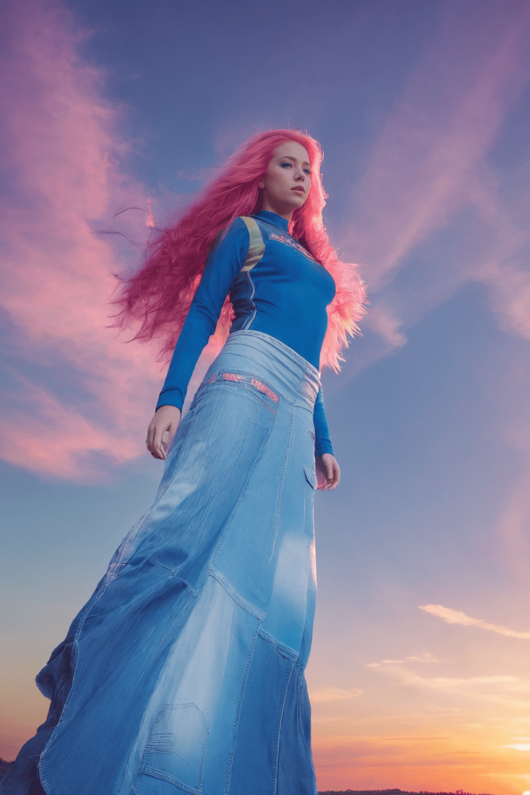 a flying fairy girl with long red hair and shiny skin wearing ohwx blue denim long skirt, (white wings), the model is flying in a shiny sky with pink clouds and a sunset pink light, no gravity, high resolution 3d render style image