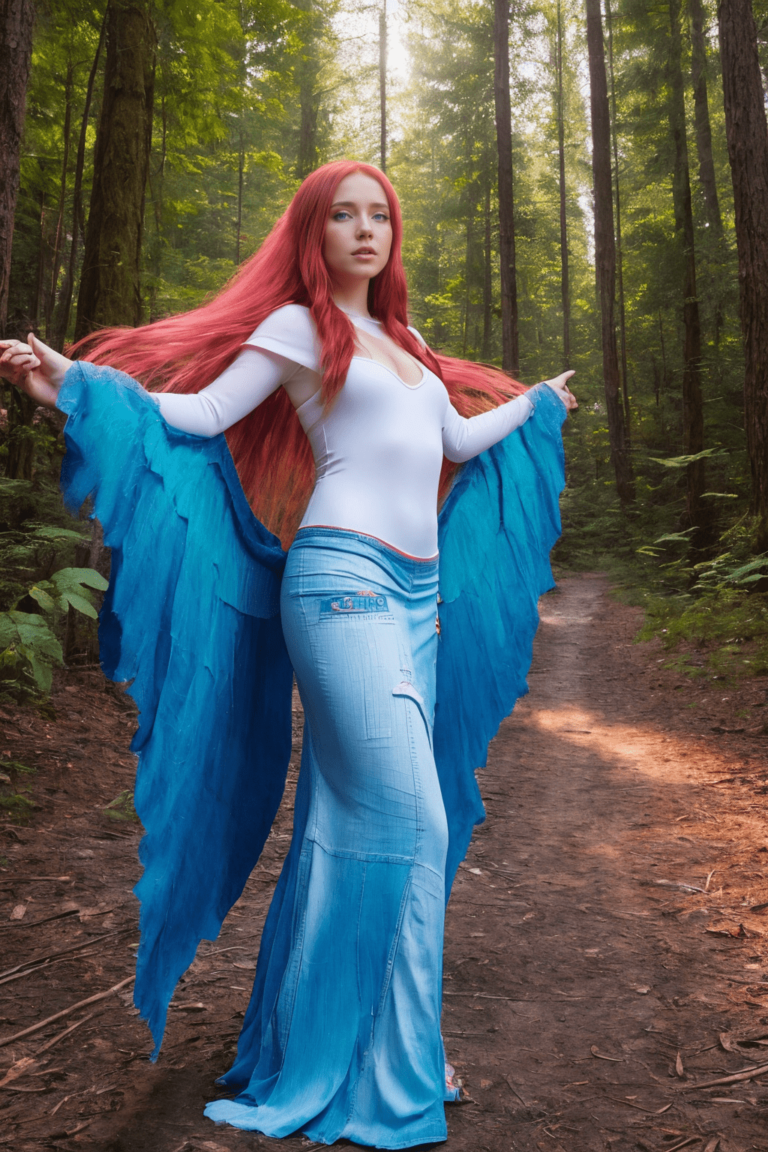 a flying fairy girl with white wings, long red hair and shiny skin wearing ohwx blue denim long skirt, the model is walking in a fantastic forest, sunset pink light ,high resolution 3d render style image