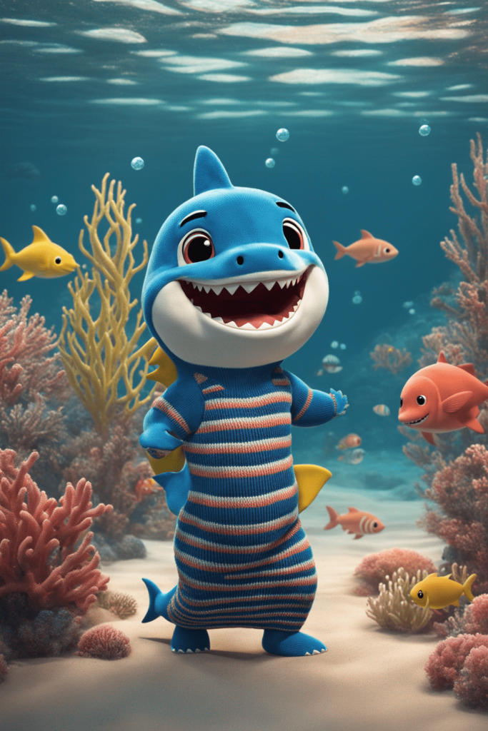 a shark wearing (ohwx slim knitted long dress with striped print) on the sea, funny face, cartoon character, cartoon style, 3d render