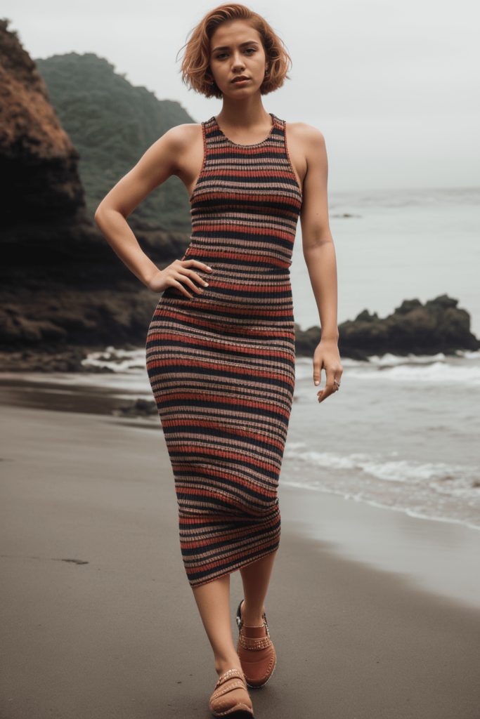 professional photo, photo of exotic woman, wearing (ohwx slim knitted long dress with striped print :1.1),, sport pose, loop light, beach, gloomy, cloudy weather, short hair, ginger, fashion shoot, ((cinematic look))