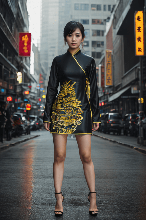 professional photo, photo of asian woman, wearing ((ohwx short dress)),, serious face, dramatic lighting, busy city, gloomy, bokeh, fashion shoot,((((cinematic look))))