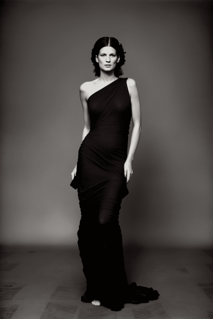 a woman wearing an A shape black dress, minimalism, ((photography by (Richard Avedon:1.3))), modelshoot, pose, standing, upper body