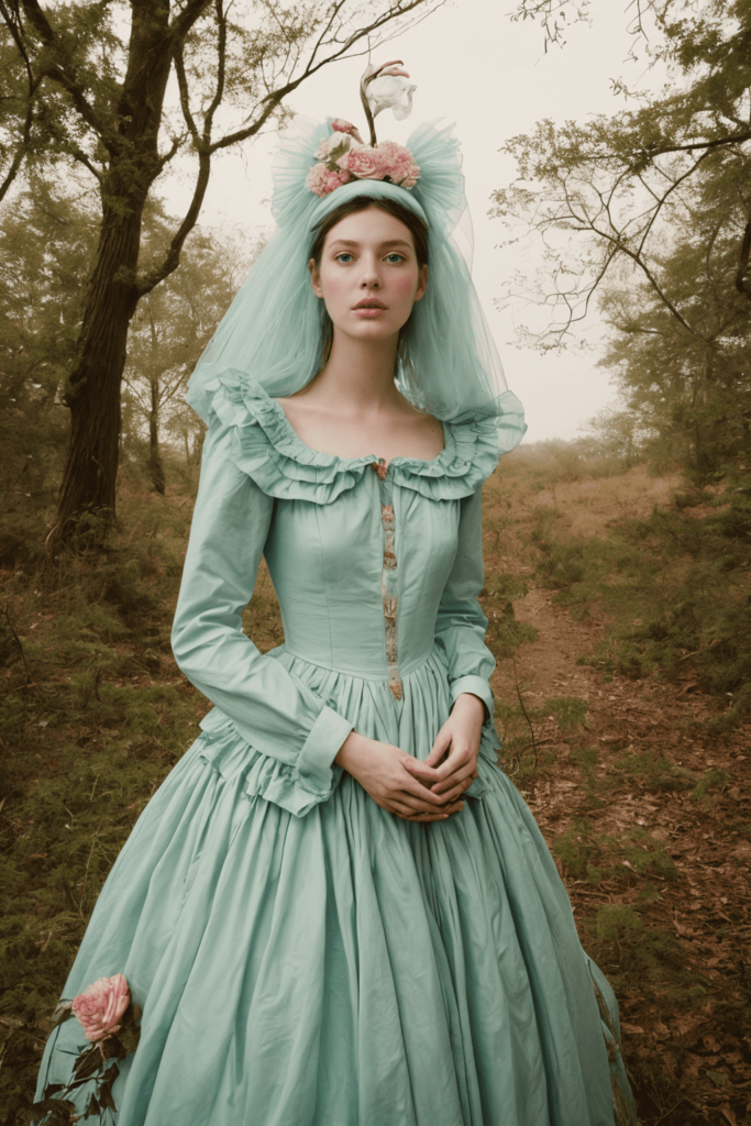 ((Tim Walker inspired)), fashion photography, whimsical settings, surreal elements, creative storytelling, vibrant colors,(detailed face:1.05), hyperrealistic, photorealistic